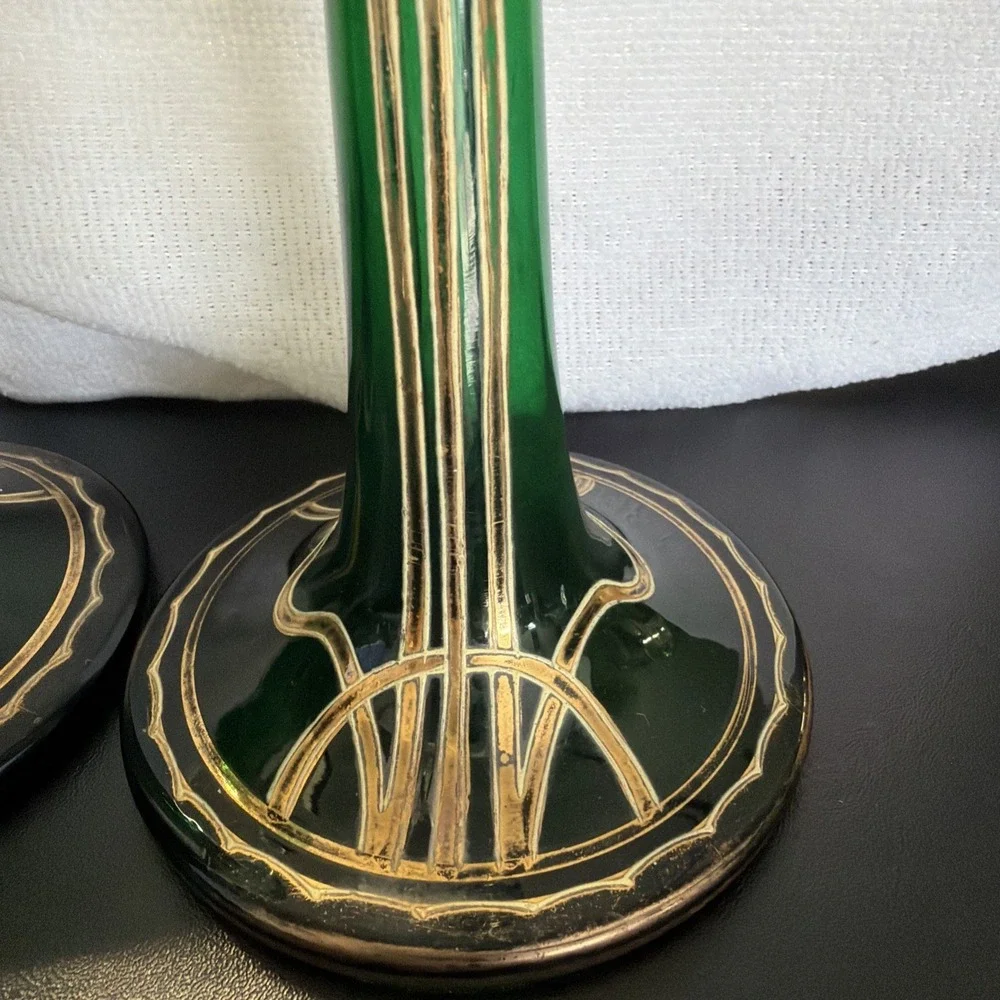 Vtg Art Nouveau Jugendstil Gold Gilded Green Satin Glass Vases 2 Ea Circa 1900s‎